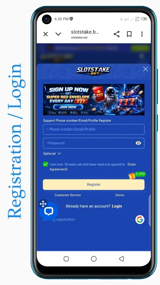 SlotStake Bet Registration and Login Screen