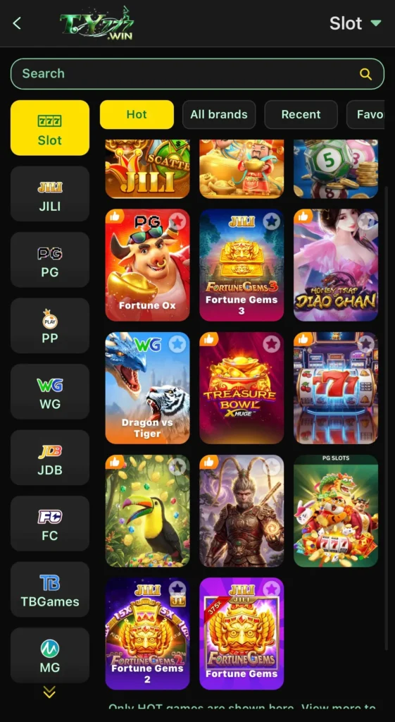 TY777 game categories including slots, fishing, card and live games