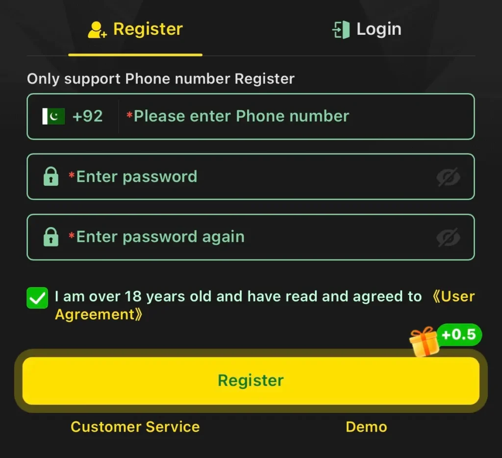 TY777 app registration and login screen for new users