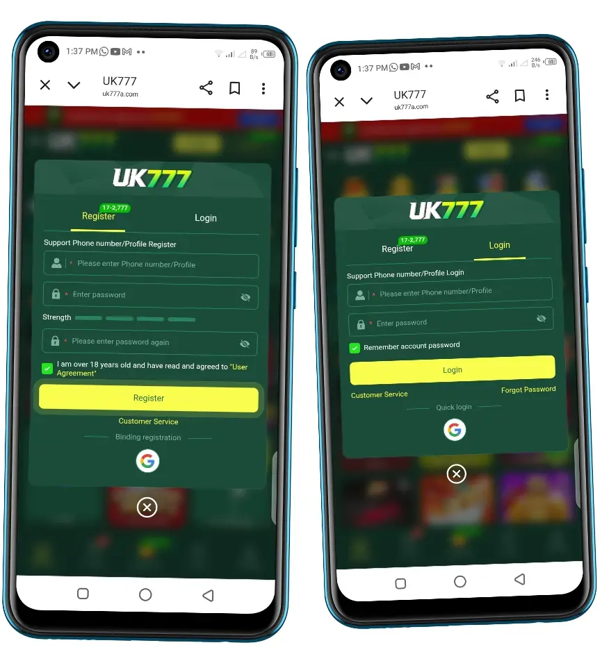 UK777 APK registration and login interface – sign up with phone number or email