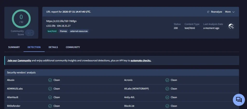 virustotal results for c222 apk