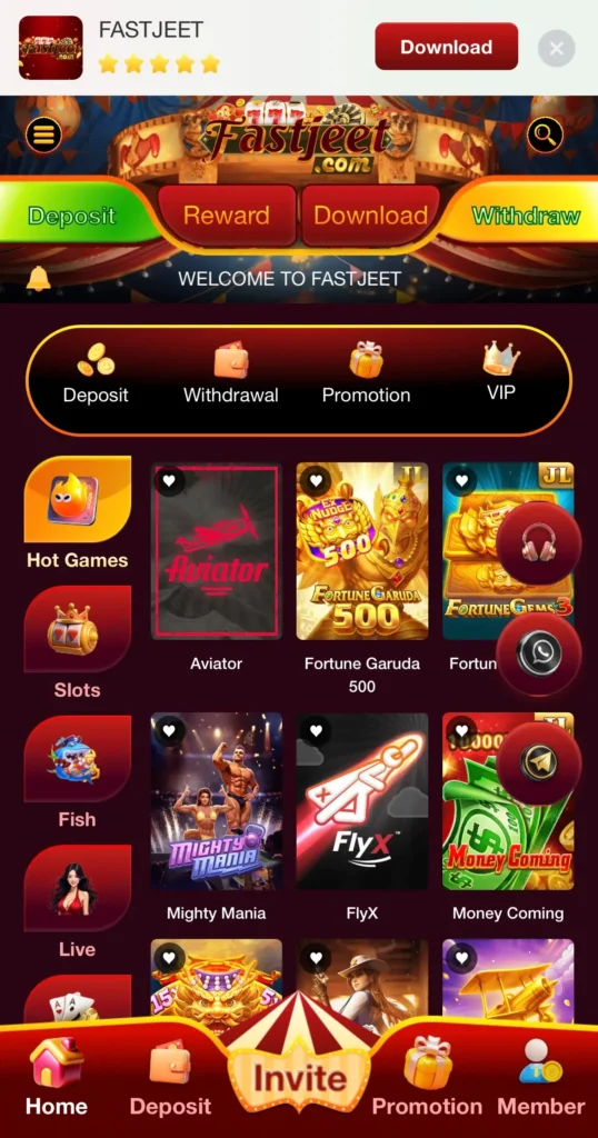 Fastjeet Game App Dashboard showing Home, Deposit, Invite, and Promotion options