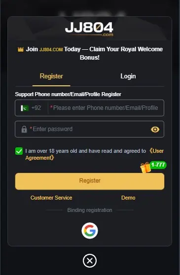 JJ804 Game Account Registration and Login Screen