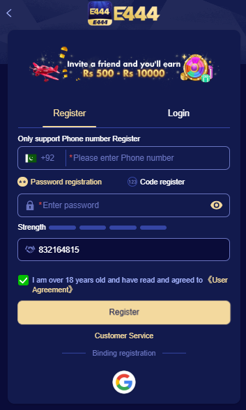 registering account in E444 app