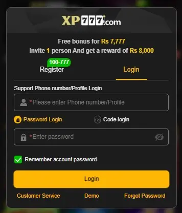 XP777 Game APK Account Login and Registration Interface